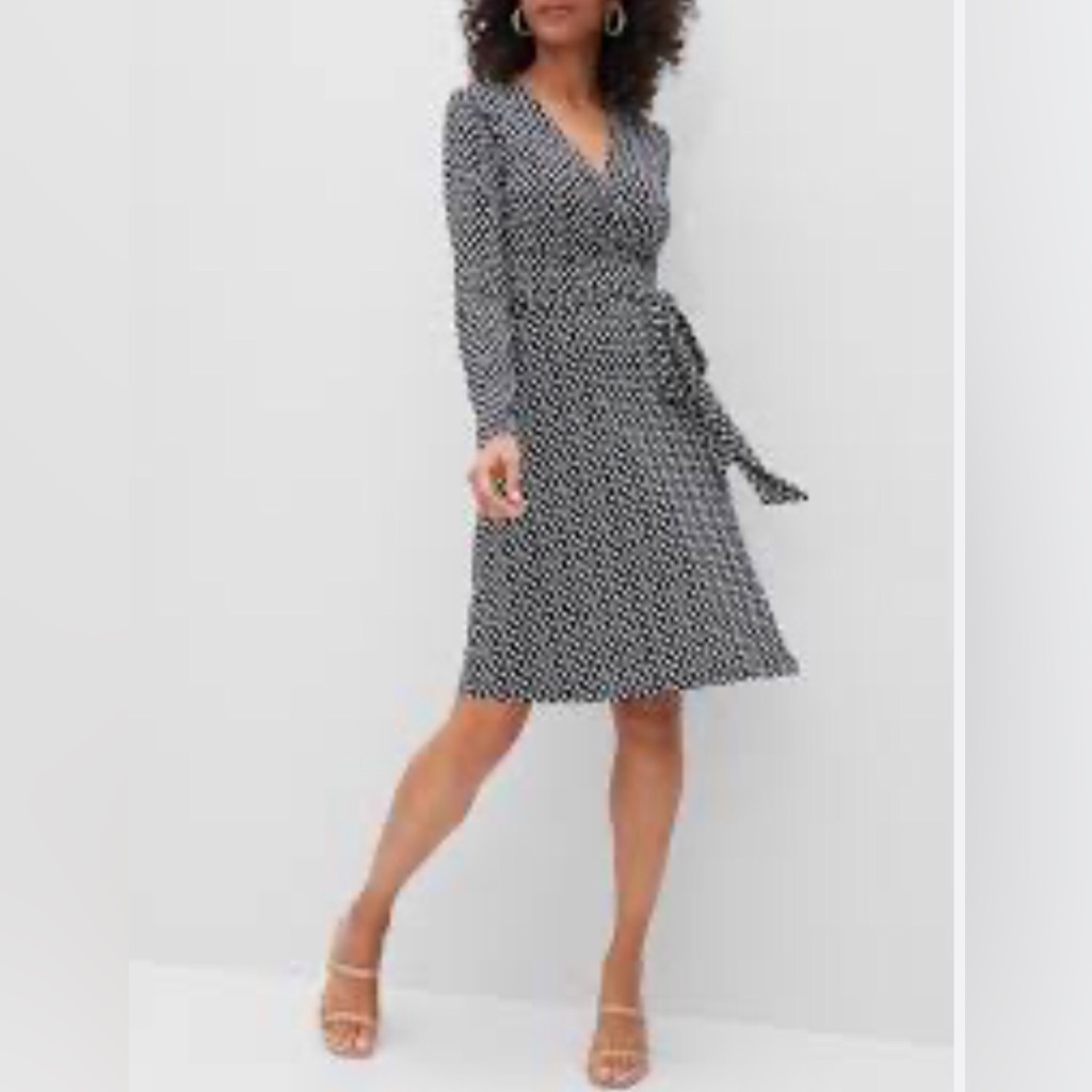 Black & White Print, Long Sleeve Wrap Midi Dress
